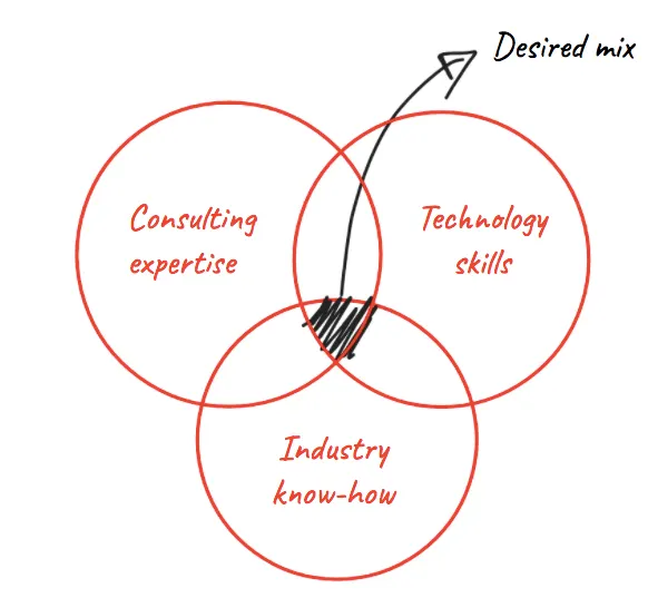 Hand-drawn Venn diagram of consulting expertise, technology skills and industry know-how, with the overlap marked desired mix