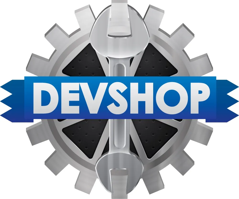 The Devshop logo: a silver gear and wrench crossed by a blue banner reading "DEVSHOP"