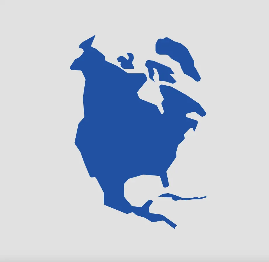 Flat blue silhouette map of North America, from Canada and Greenland down to Mexico and Central America, on a gray background
