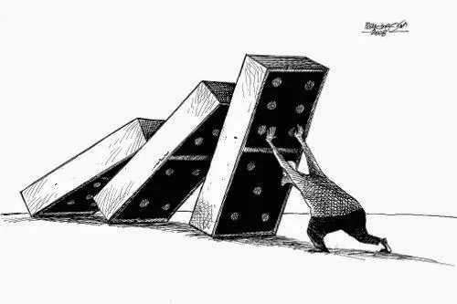 Black-and-white cartoon of a man straining to hold back a row of giant falling dominoes