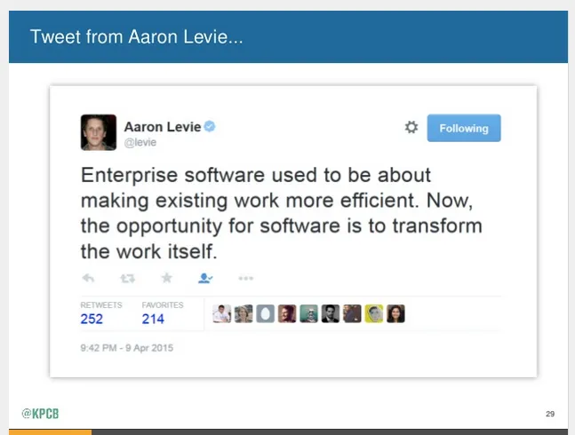 KPCB presentation slide showing an April 2015 tweet by Aaron Levie about enterprise software transforming work itself